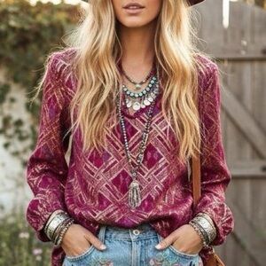 TORY BURCH Silk Blend Plaid Lame Blouse Sz 0 in Pink, Purple & Gold